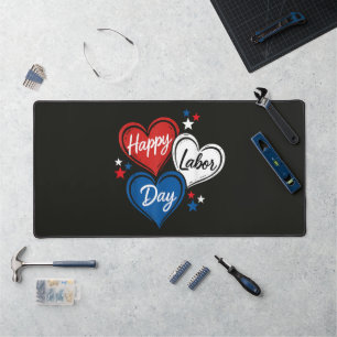 Happy Labour Day Patriotic Hearts Red White Blue Desk Mat