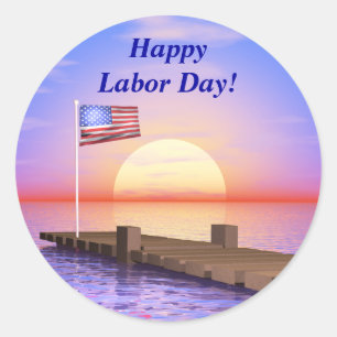 Happy Labour Day US Flag and Dock Classic Round Sticker