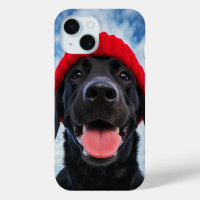 Happy Labrador in a Red Beanie Under a Blue Sky