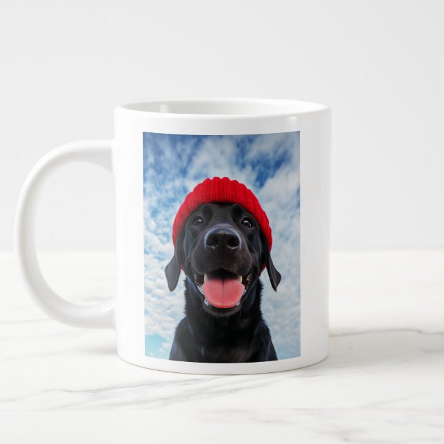 Happy Labrador in a Red Beanie Under a Blue Sky Large Coffee Mug (Left)