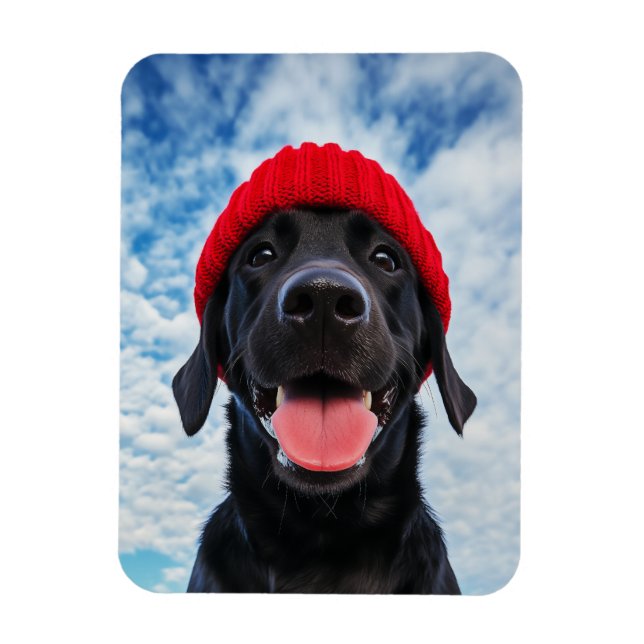 Happy Labrador in a Red Beanie Under a Blue Sky Magnet (Vertical)