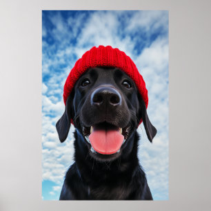 Happy Labrador in a Red Beanie Under a Blue Sky Poster