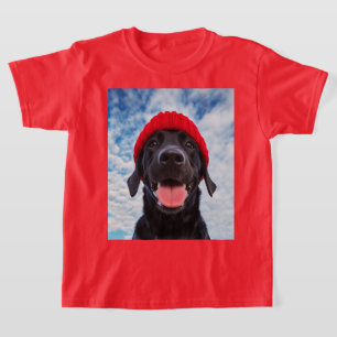 Happy Labrador in a Red Beanie Under a Blue Sky T-Shirt