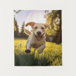 Happy Labrador Puppy Running Tapestry