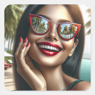 Happy Lady in a Tropical Paradise Square Sticker