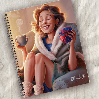 Happy Lady with Yarn and Coffee Notebook