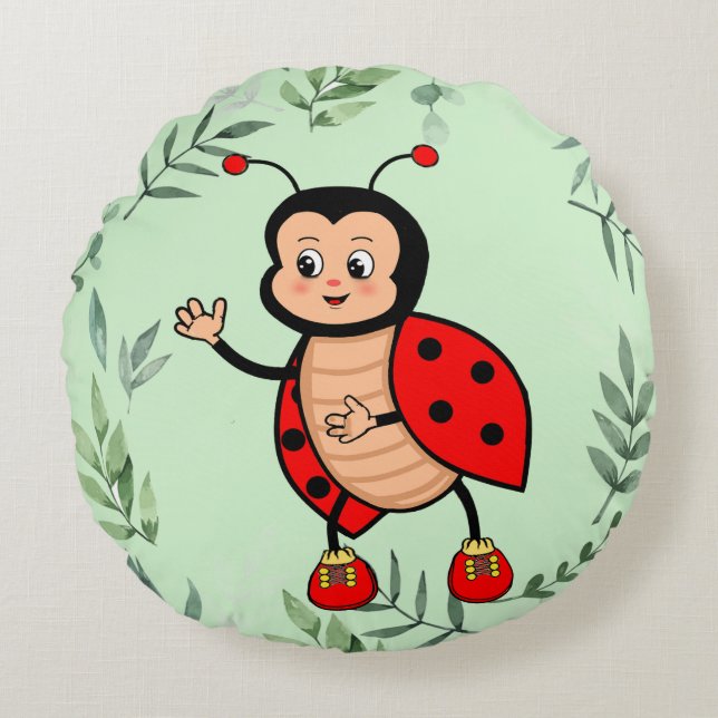 Happy Ladybug and Plant Leaves on Light Green Round Pillow (Front)