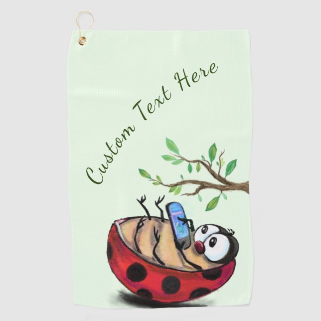Happy Ladybug Funny Golf Towel with Custom Text (Front)
