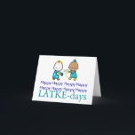 Happy LATKE-days Chanukah Card<br><div class="desc">Chanukah card wishes Happy Happy Happy (x8) LATKE-day. A pair of children in holiday dress and carrying symbols of the holiday decorate the front of the card. Inside,  the customizable greeting reads: May your dreidel always come up gimmel. Fully customizable and personalizable.</div>