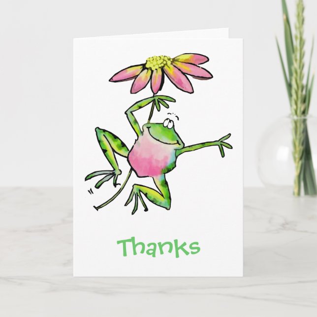 Happy Leaping Frog with Pink Daisy Thank You Card (Front)