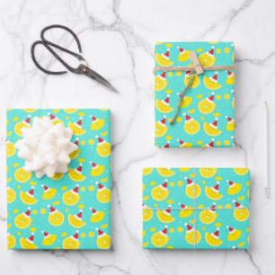Happy Lemons Santa Hats Pattern Christmas Wrapping Paper Sheet