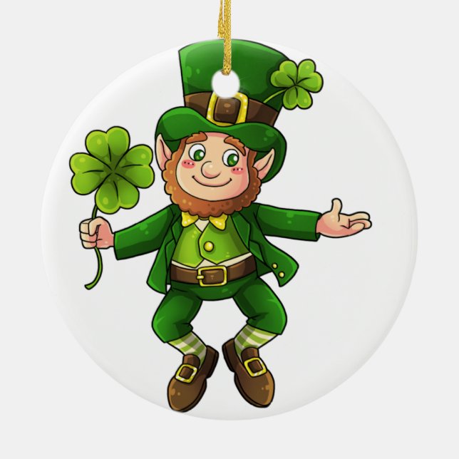 Happy Leprechaun and Shamrock Ceramic Ornament (Back)