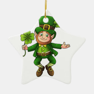 Happy Leprechaun and Shamrock Ceramic Ornament