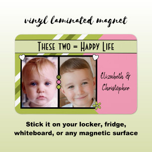 Happy life add 2 photos and names green pink magnet