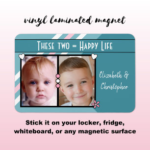 Happy life add 2 photos and names turquoise pink magnet