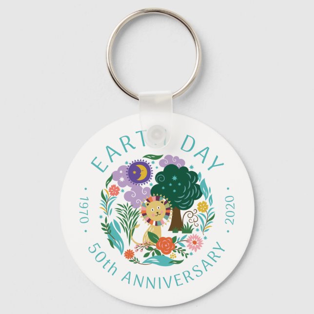 Happy Lion Nature Whimsical Earth Day 2020 50th Keychain (Front)