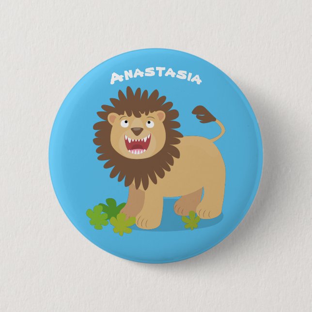 Happy lion roaring cartoon illustration 2 inch round button (Front)