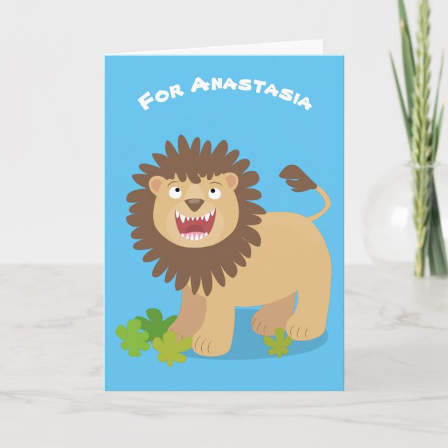 Happy lion roaring cartoon illustration card (Front)