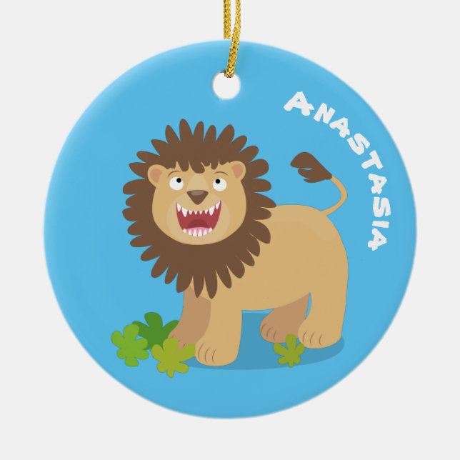Happy lion roaring cartoon illustration ceramic ornament (Front)