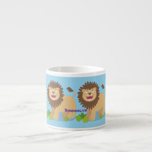 Happy lion roaring cartoon illustration espresso cup