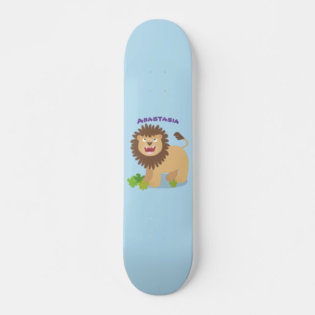 Happy lion roaring cartoon illustration skateboard (Front)