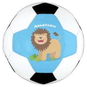 Happy lion roaring cartoon illustration soccer ball