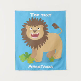 Happy lion roaring cartoon illustration tapestry