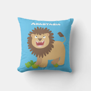 Happy lion roaring cartoon illustration throw pillow