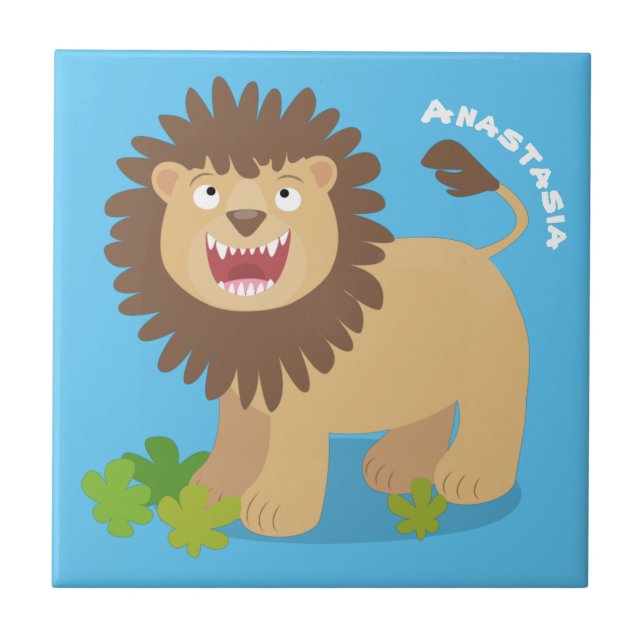 Happy lion roaring cartoon illustration tile (Front)