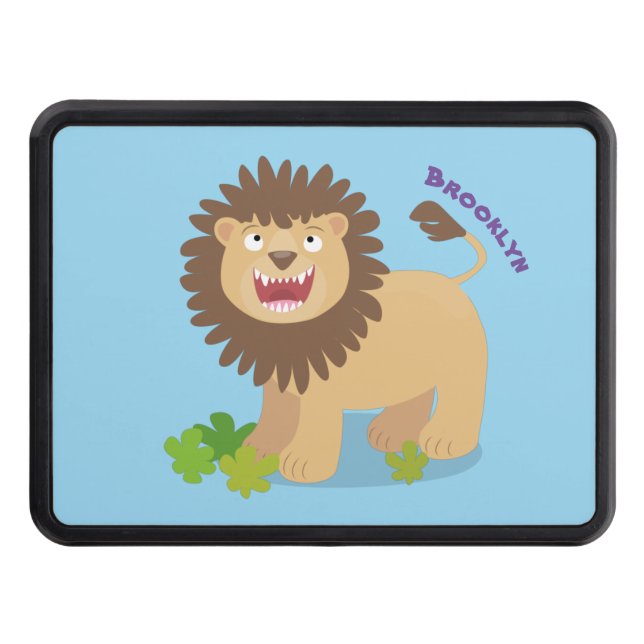 Happy lion roaring cartoon illustration trailer hitch cover (Front)