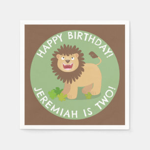 Happy lion roaring cartoon personalized birthday napkin
