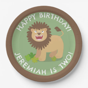 Happy lion roaring cartoon personalized birthday paper plate