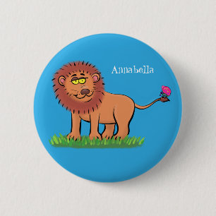 Happy lion with butterfly cartoon illustration 2 inch round button