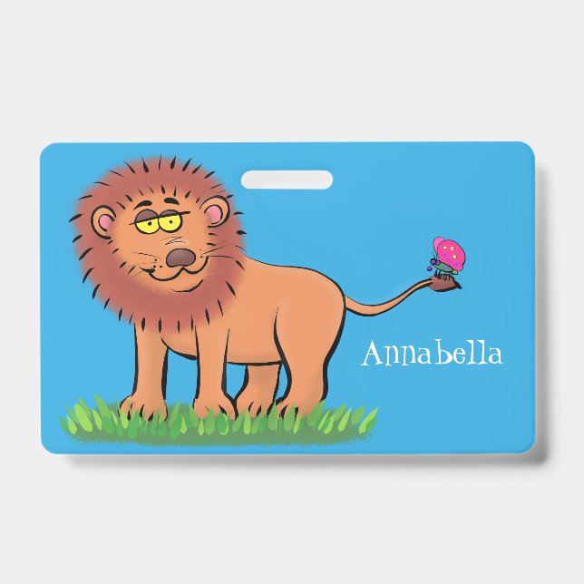 Happy lion with butterfly cartoon illustration badge (Front)