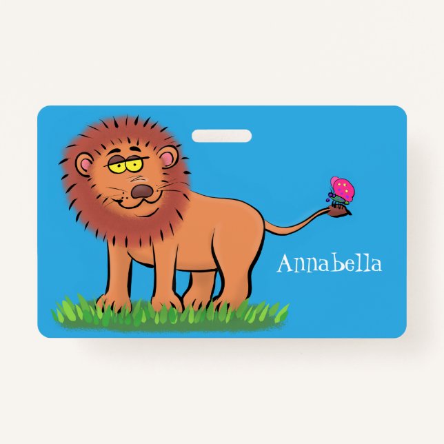 Happy lion with butterfly cartoon illustration badge (Front)