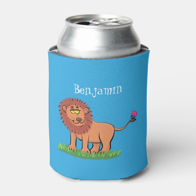 Happy lion with butterfly cartoon illustration can cooler (Can Front)
