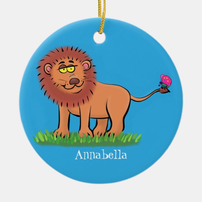 Happy lion with butterfly cartoon illustration ceramic ornament (Front)