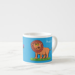 Happy lion with butterfly cartoon illustration espresso cup