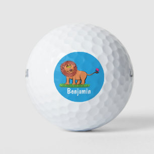 Happy lion with butterfly cartoon illustration golf balls