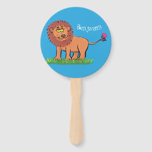 Happy lion with butterfly cartoon illustration hand fan