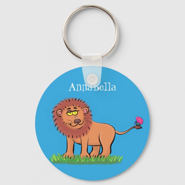 Happy lion with butterfly cartoon illustration keychain (Front)