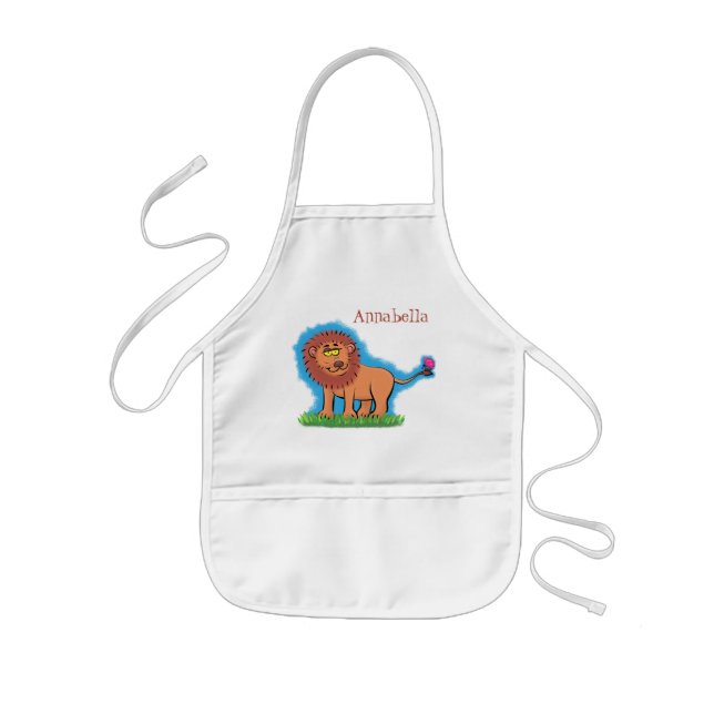 Happy lion with butterfly cartoon illustration kids apron (Front)