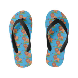 Happy lion with butterfly cartoon illustration kid's flip flops