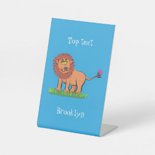 Happy lion with butterfly cartoon illustration pedestal sign