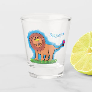 Happy lion with butterfly cartoon illustration  shot glass