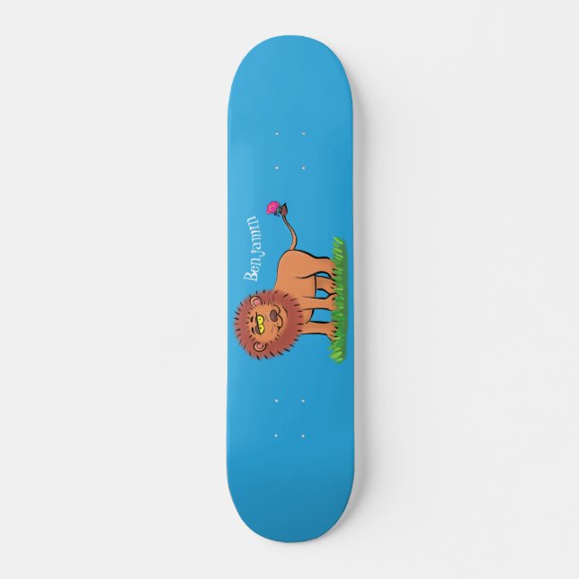 Happy lion with butterfly cartoon illustration skateboard (Front)