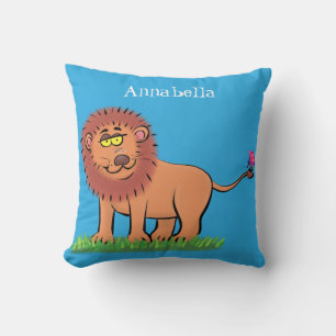 Happy lion with butterfly cartoon illustration throw pillow