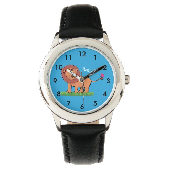 Happy lion with butterfly cartoon illustration watch (Front)