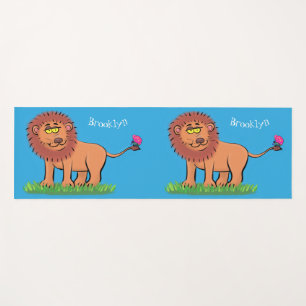 Happy lion with butterfly cartoon illustration yoga mat