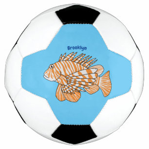 Happy lionfish cartoon illustration soccer ball